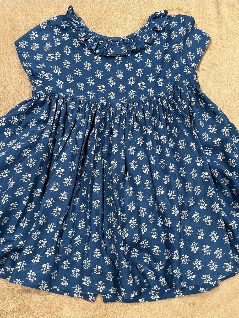 Ralph Lauren Baby 18mo Blue Cream Floral Ruffle-Neck Dress buttons on back